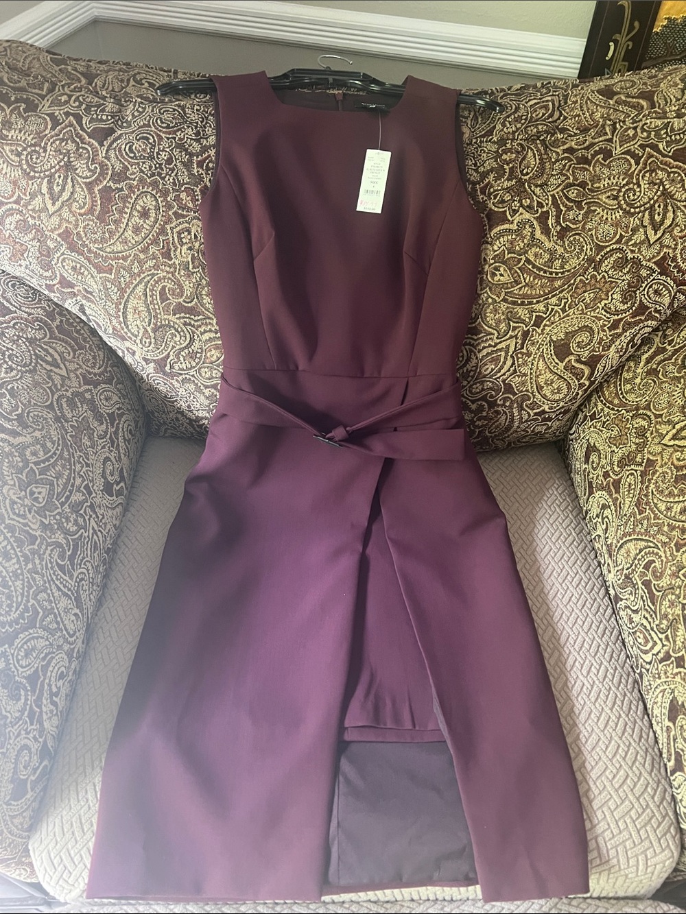NWT size 4 Sleeveless Burgundy Sheath Dress with Front Wrap Detail. Exquisite